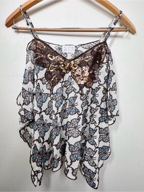 Embellished Sequin Butterfly Print Spaghetti Strap Camisole - White/Blue-y2k